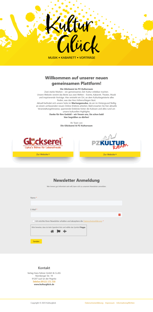 Bildschirmfoto Oben auf der Kulturglück-Homepage ist das Logo zu sehen, darunter ein Einführungstext und die alten Logos von Glückserei und PZKulturraum.