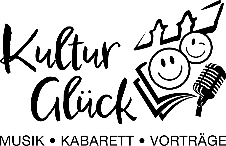Logo-Kulturglück Im Logo ist „Kulturglück“ zu lesen, flankiert von zwei Smileys, einem Mikrofon, einem Buch und der Silhouette des fahnermedien-Gebäudes. Darunter befinden sich die Worte „Musik“, „Kabarett“ und „Vorträge“.