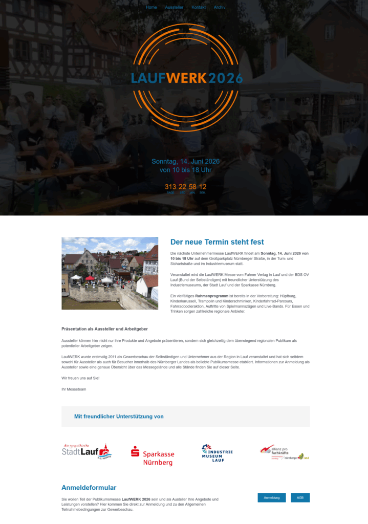 Screenshot 2025-08-04 at 11-01-50 Home - LaufWERK Die Startseite der Laufwerk 2025-Webseite ist zu sehen. Sie ist in die Bereiche „Mit freundlicher Unterstützung von“ und „Downloadbereich“ gegliedert.